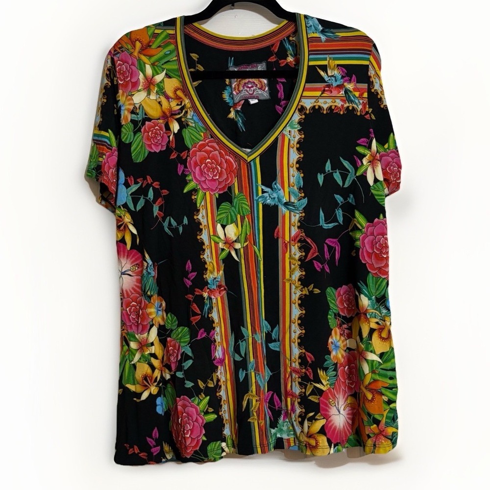 Johnny Was Tropical Floral Stripe Multicolor Tee T Shirt Floral Boho Colorful - Picture 2 of 6
